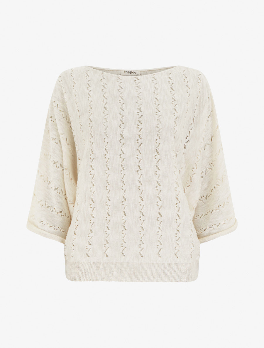 Top uni en maille ajourée à manches 3/4 - Blanc - 1