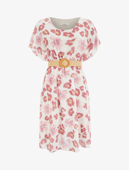 Robe mi-longue fleuri manches courtes - Rose - 1