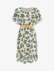 Robe mi-longue fleuri manches courtes - Kaki - 1