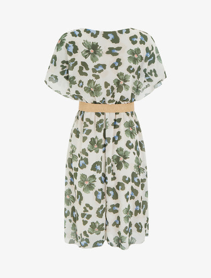 Robe mi-longue fleuri manches courtes - Kaki - 2