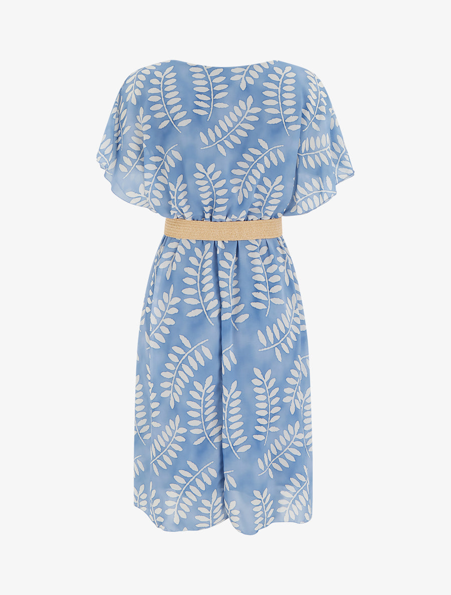 Robe mi-longue imprimé feuilles manches courtes - Bleu ciel - 2