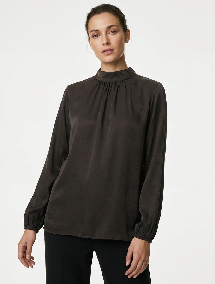 Blouse satinée à poignets élastiqués - Marron