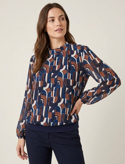 Retro bedrukte blouse met elastische manchetten - Marine