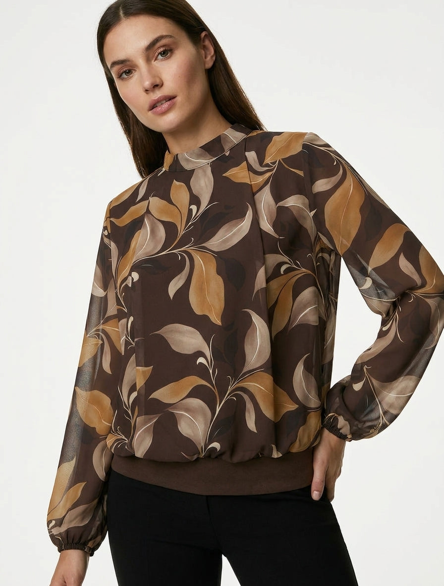 Blouse imprimé feuillage à poignets élastiqués - Marron