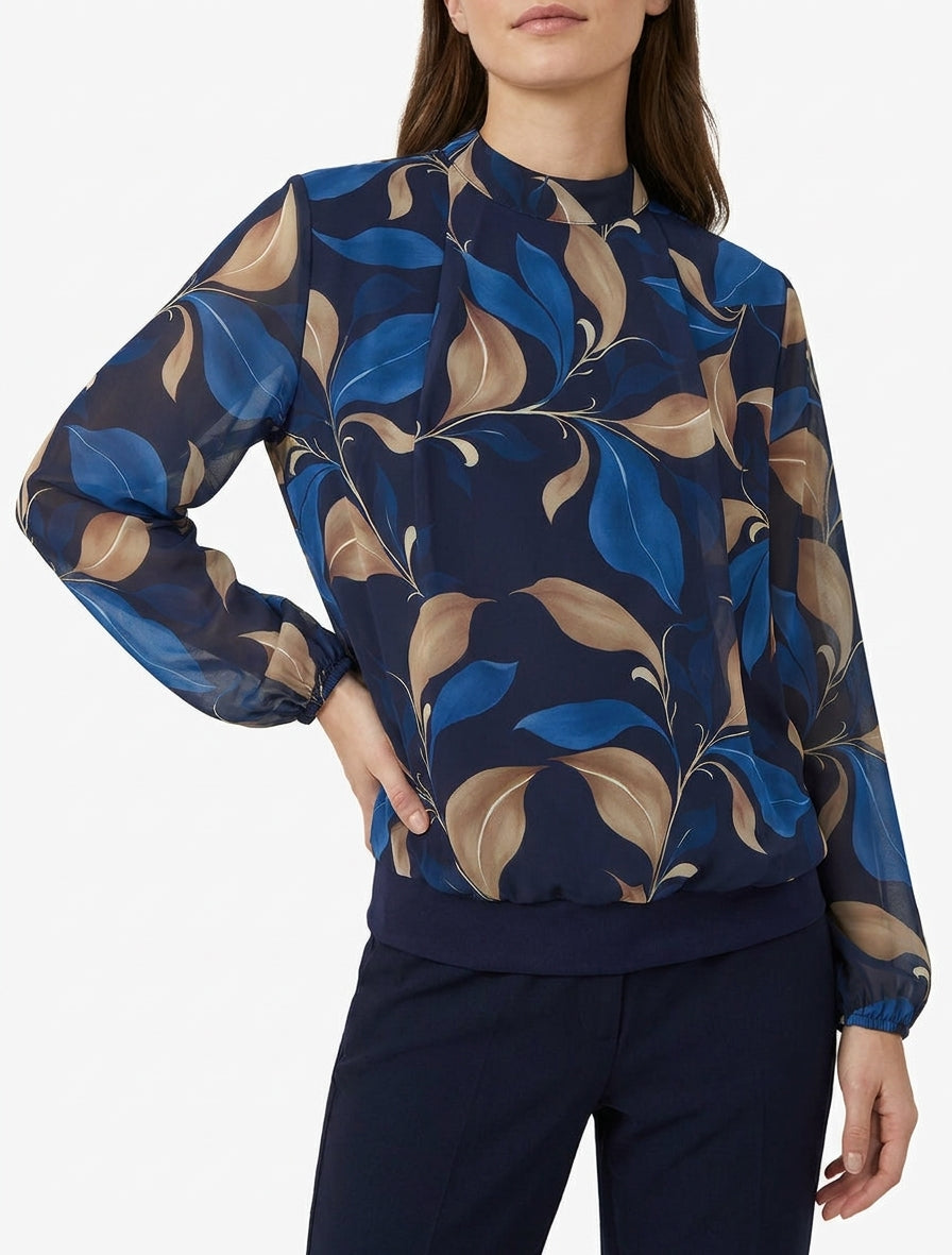 Blouse imprimé feuillage à poignets élastiqués - Marine