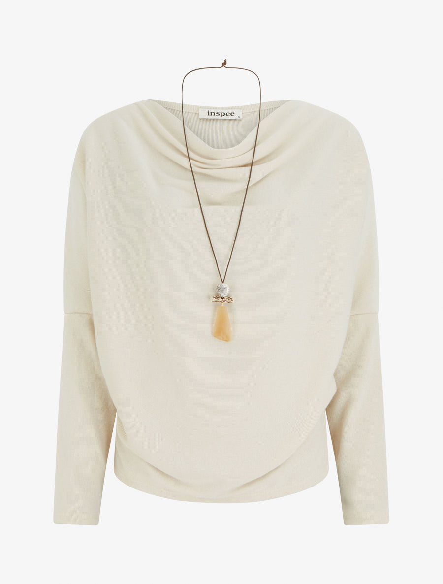 Pull fin à manches chauve-souris et col bénitier - Beige - 1