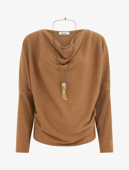 Pull fin à manches chauve-souris et col bénitier - Camel - 1