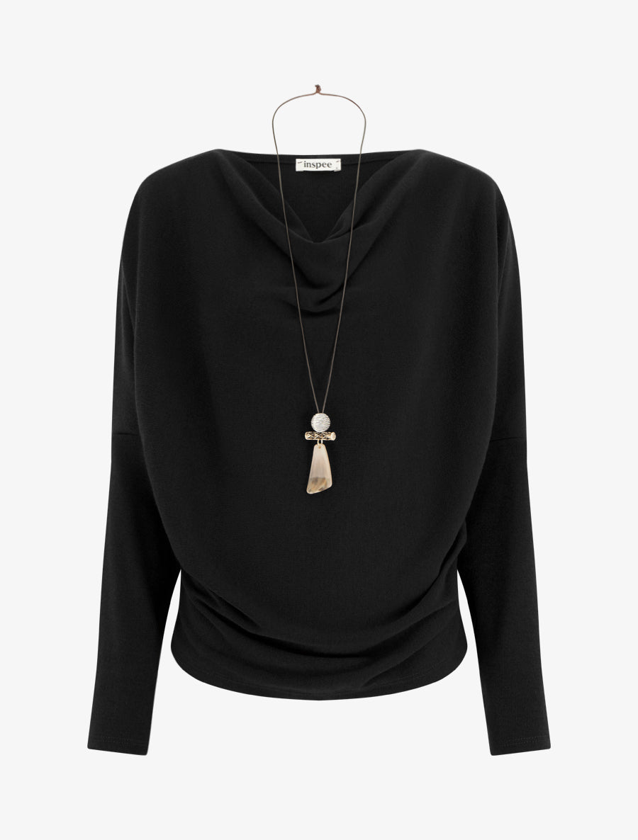 Pull fin à manches chauve-souris et col bénitier - Noir - 1