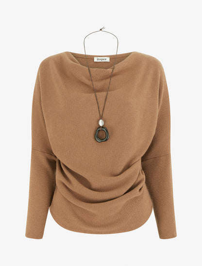 Pull côtelé à manches chauve-souris et col bénitier - Camel - 1