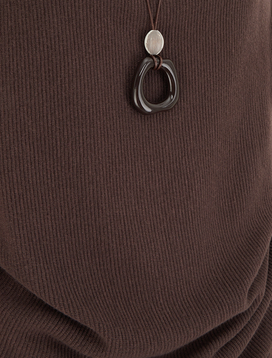 Pull côtelé à manches chauve-souris et col bénitier - Marron - 3