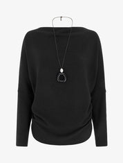 Pull côtelé à manches chauve-souris et col bénitier - Noir - 1