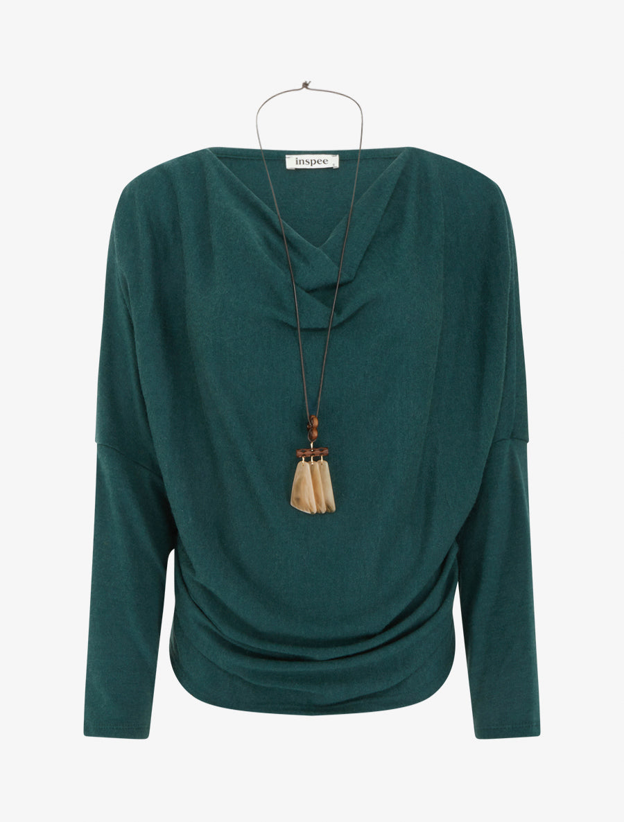 Pull fin à manches chauve-souris et col bénitier - Vert sapin - 1