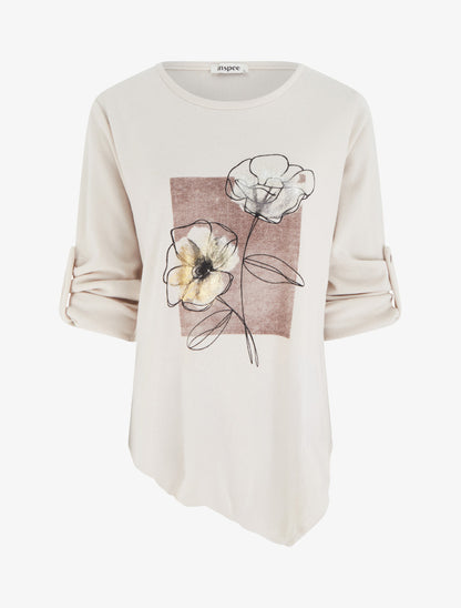 Pull à bords asymétriques et motif floral irisé - Crème - 1