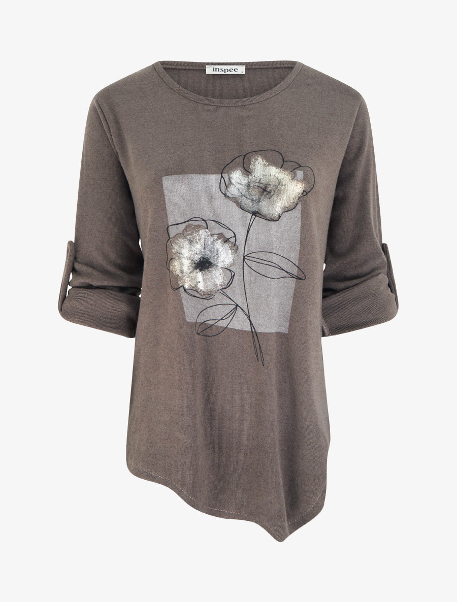 Pull à bords asymétriques et motif floral irisé - Taupe - 1