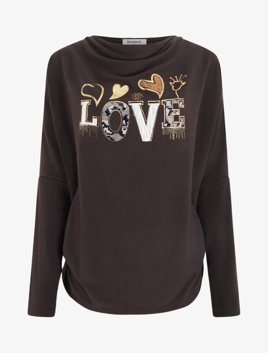 Pull à col bénitier et inscription LOVE - Marron - 1