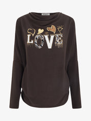 Pull à col bénitier et inscription LOVE - Marron - 1