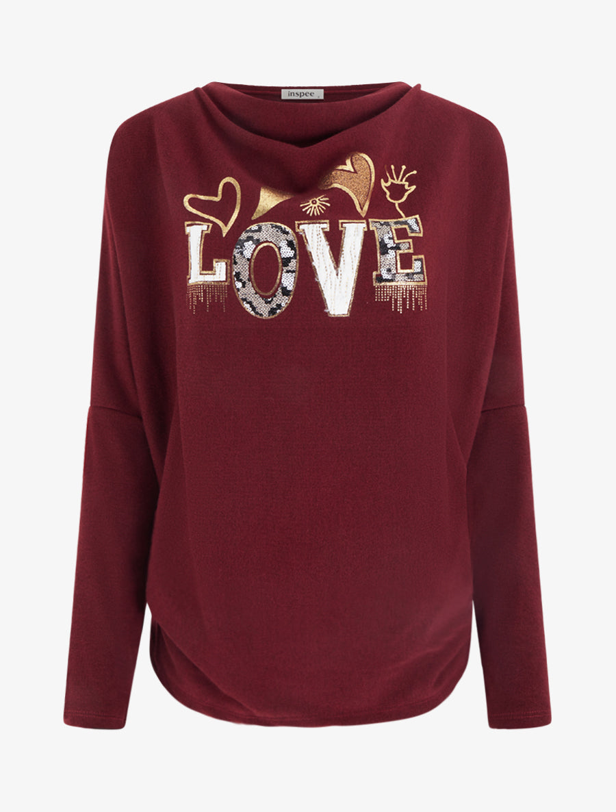 Pull à col bénitier et inscription LOVE - Bordeaux - 1