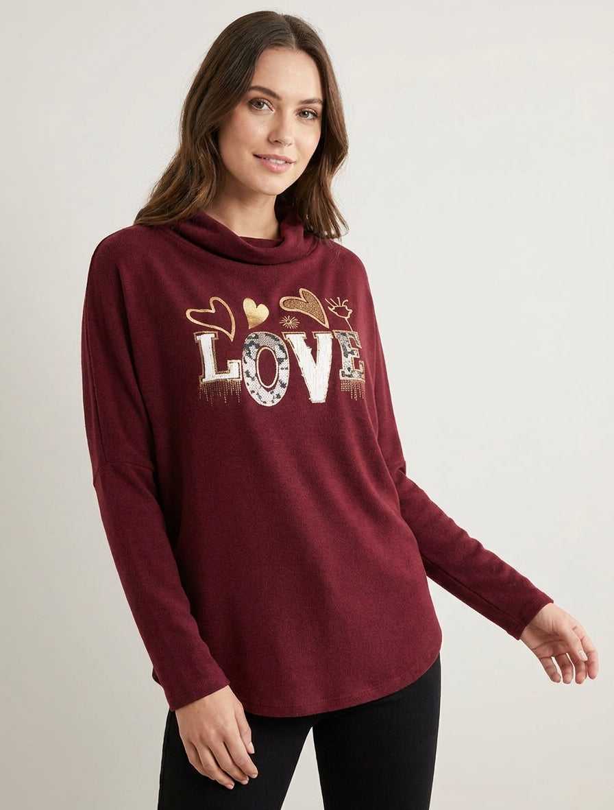 Pull à col bénitier et inscription LOVE - Bordeaux