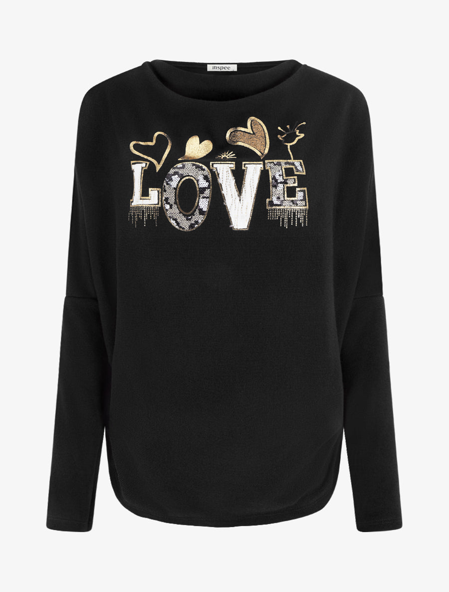 Pull à col bénitier et inscription LOVE - Noir - 1