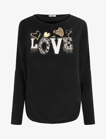 Pull à col bénitier et inscription LOVE - Noir - 1