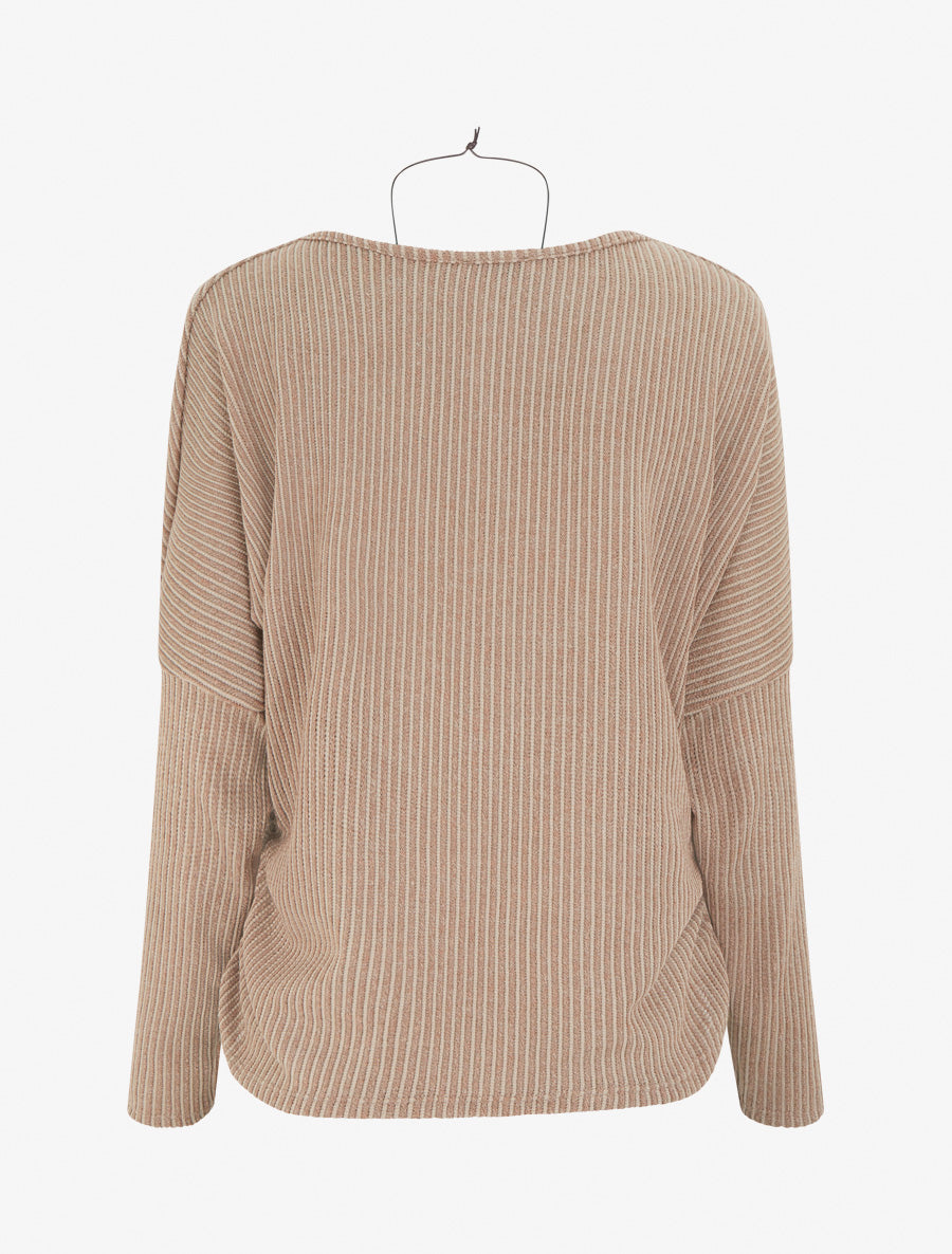 Pull à col bénitier en maille motif rayé - Camel - 2