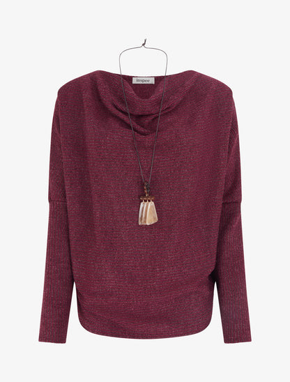Pull à col bénitier en maille motif rayé - Lie de vin - 1