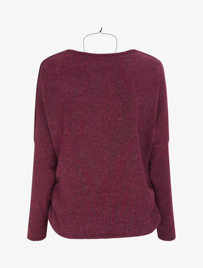 Pull à col bénitier en maille motif rayé - Lie de vin - 2