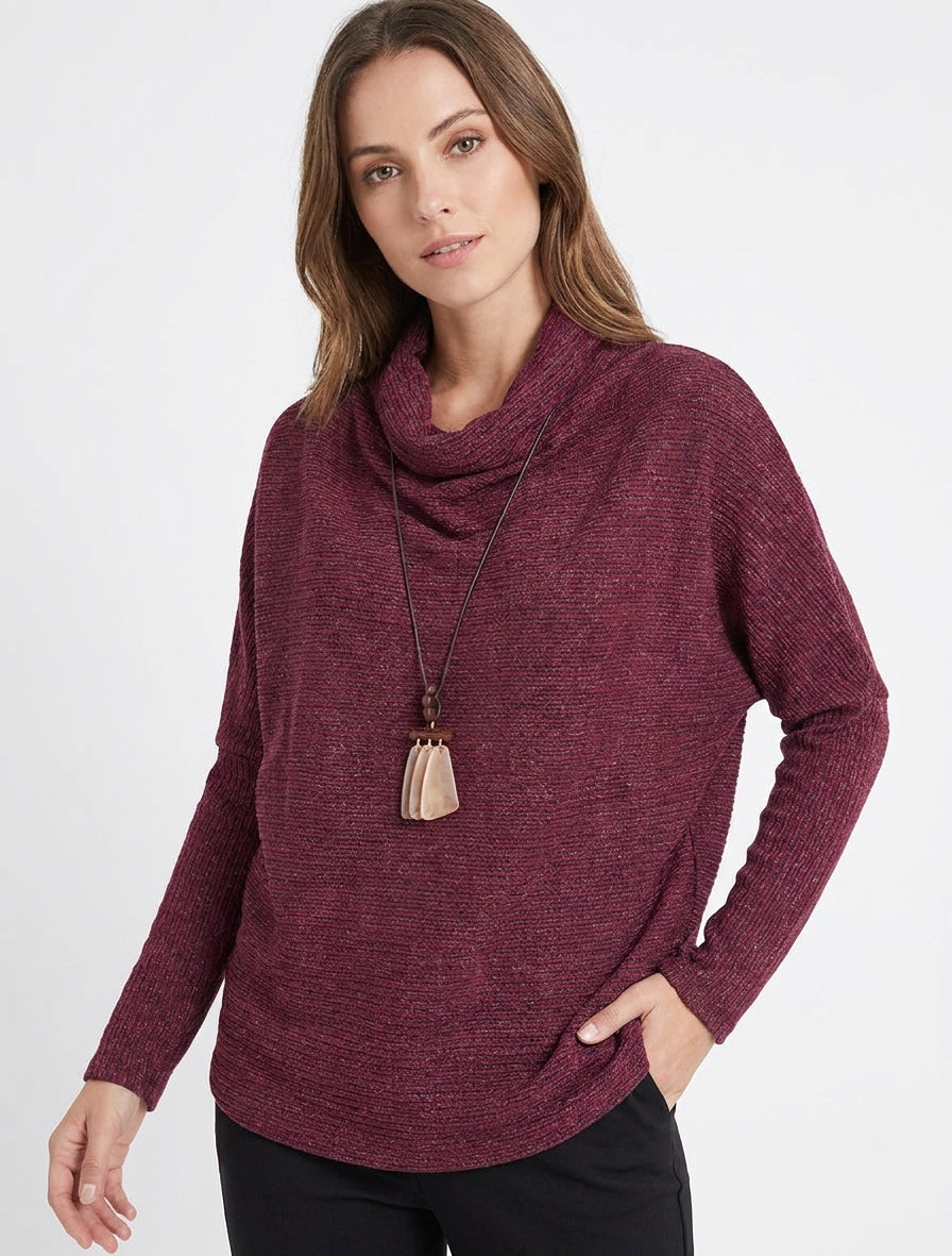 Pull à col bénitier en maille motif rayé - Lie de vin
