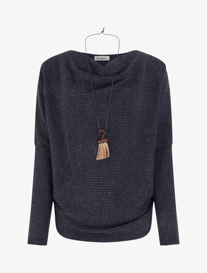 Pull à col bénitier en maille motif rayé - Marine - 1