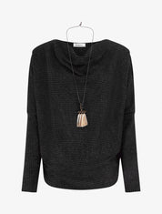 Pull à col bénitier en maille motif rayé - Noir - 1