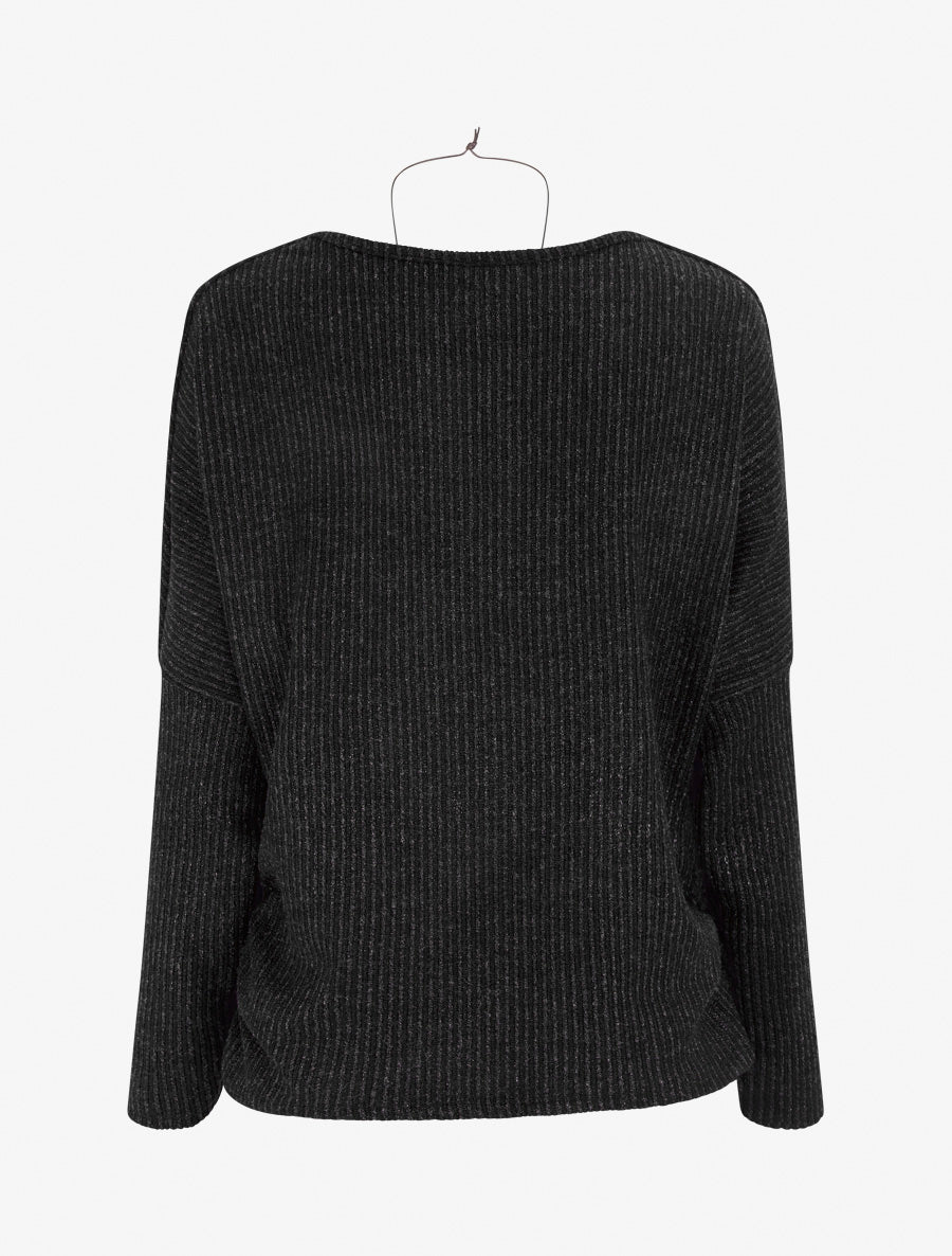 Pull à col bénitier en maille motif rayé - Noir - 2