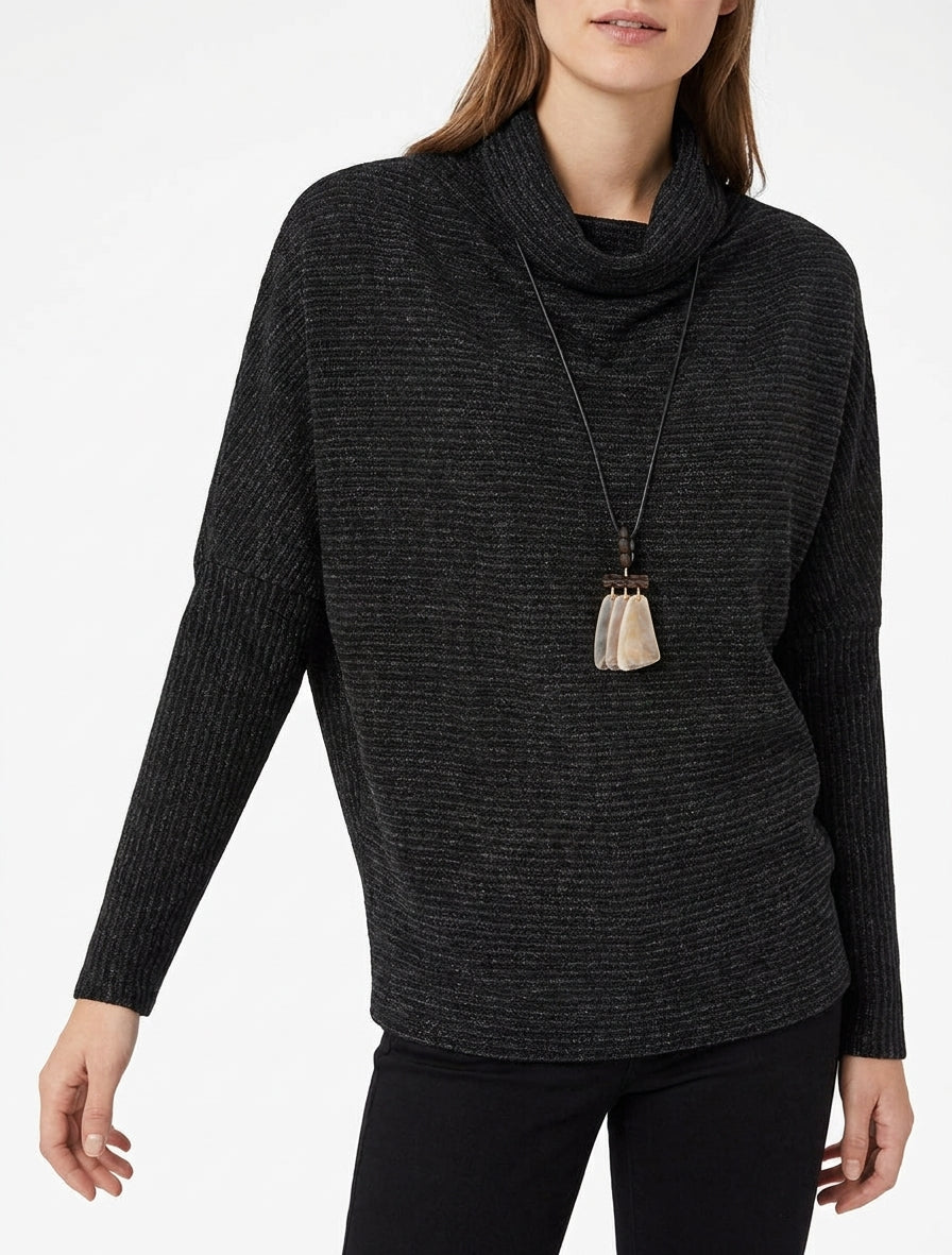 Pull à col bénitier en maille motif rayé - Noir