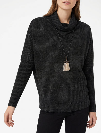 Pull à col bénitier en maille motif rayé - Noir