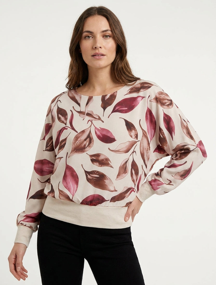 Top boule imprimé feuilles à manches chauve-souris - Beige