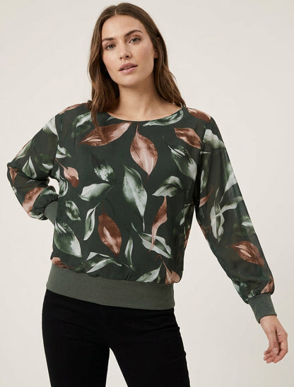 Top boule imprimé feuilles à manches chauve-souris - Kaki foncé