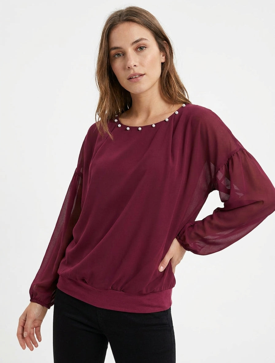 Top à col rond perlé et manches longues - Lie de vin