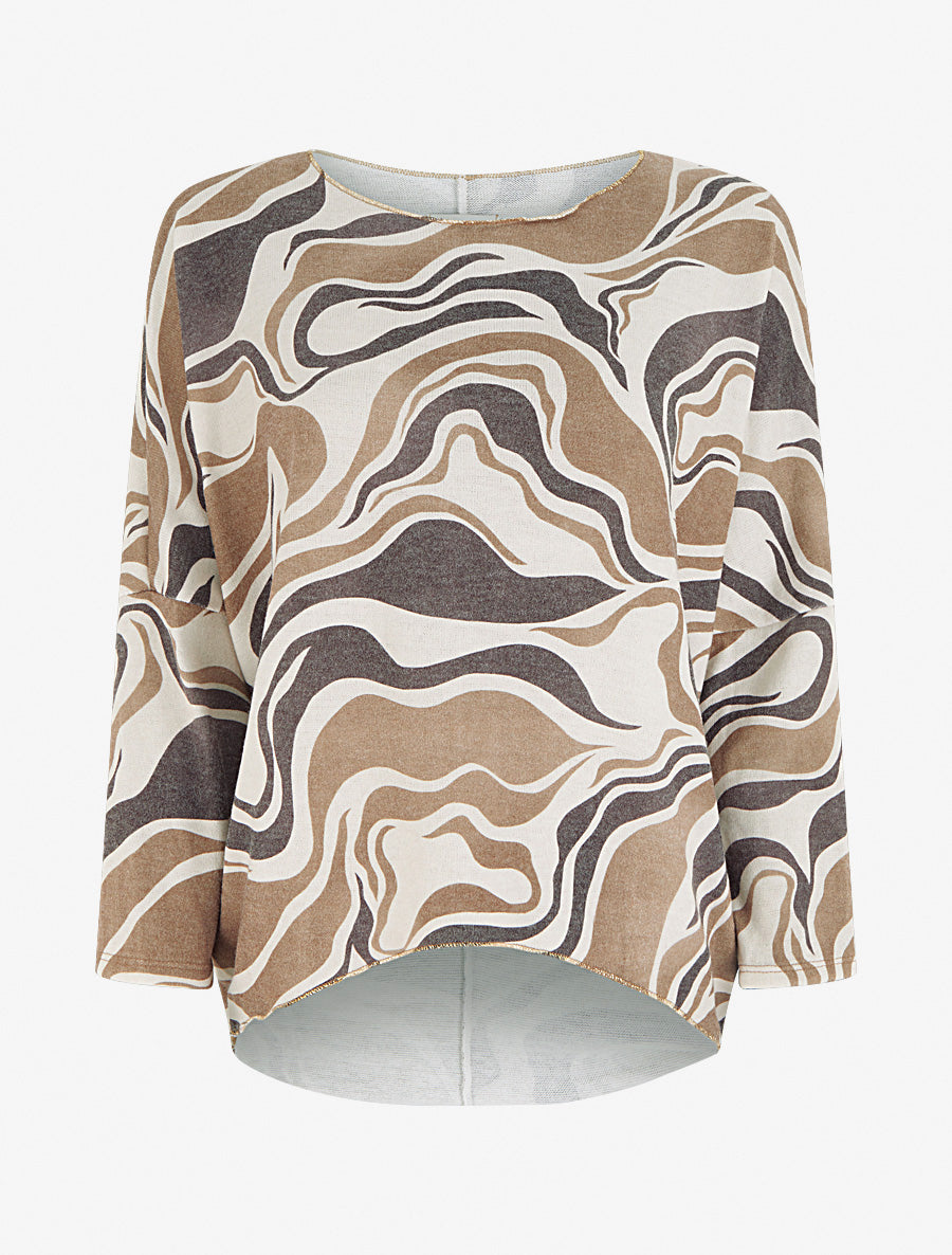 Pull fin imprimé abstrait à col rond - Beige - 1