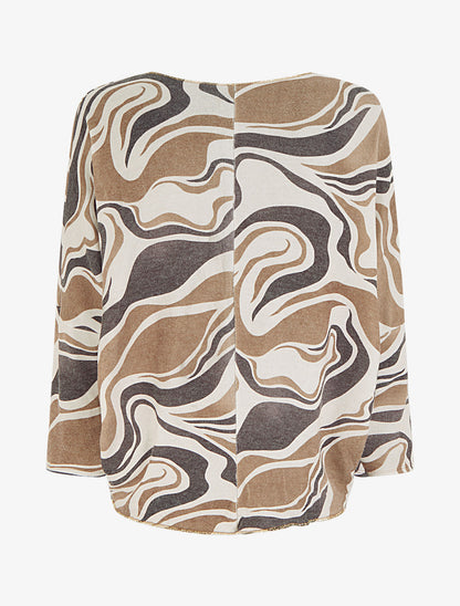 Pull fin imprimé abstrait à col rond - Beige - 2