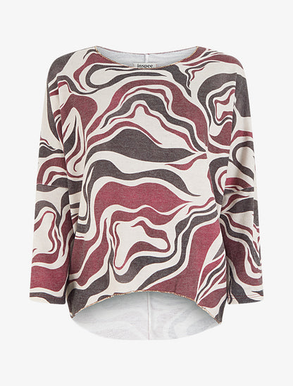 Pull fin imprimé abstrait à col rond - Lie de vin - 1