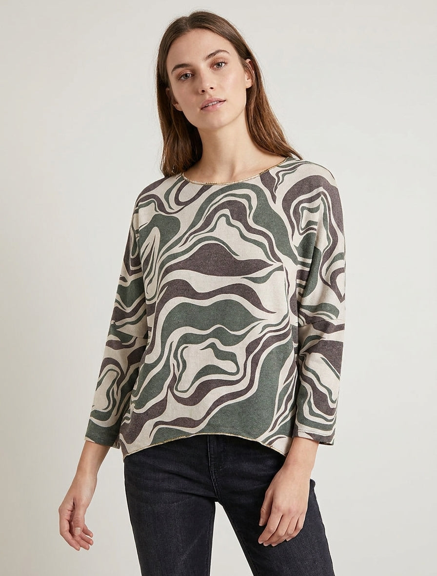 Pull fin imprimé abstrait à col rond - Kaki