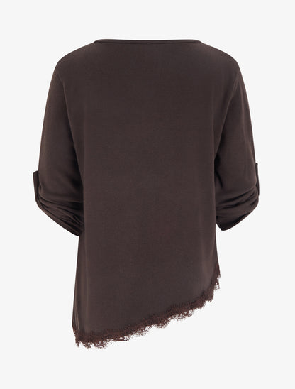 Pull à bords asymétriques et dentelle - Marron - 2