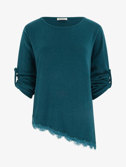 Pull à bords asymétriques et dentelle - Bleu canard - 1