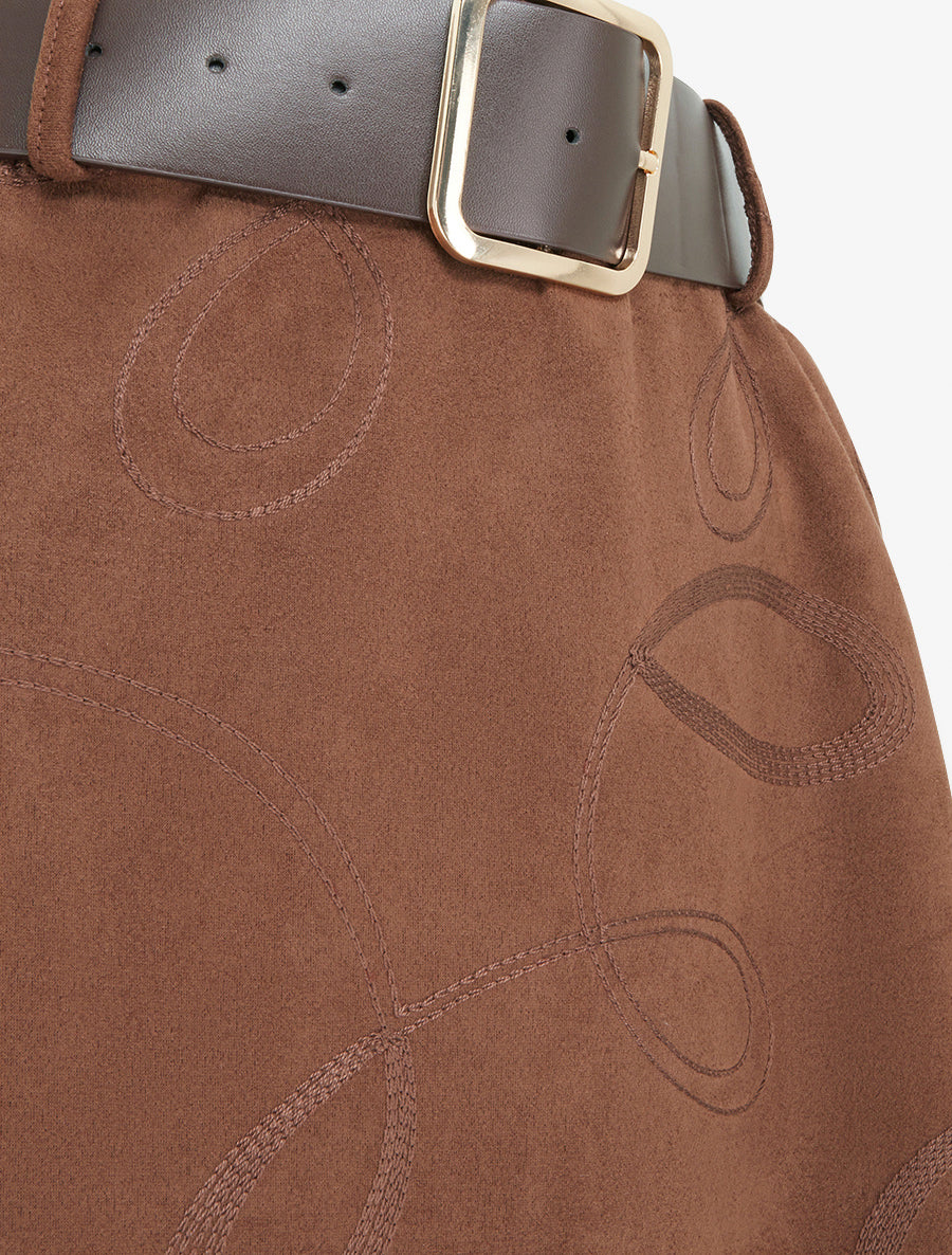 Jupe longue en suédine à broderies fantaisies - Marron - 3