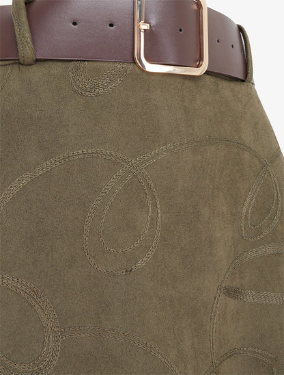 Jupe longue en suédine à broderies fantaisies - Kaki - 3