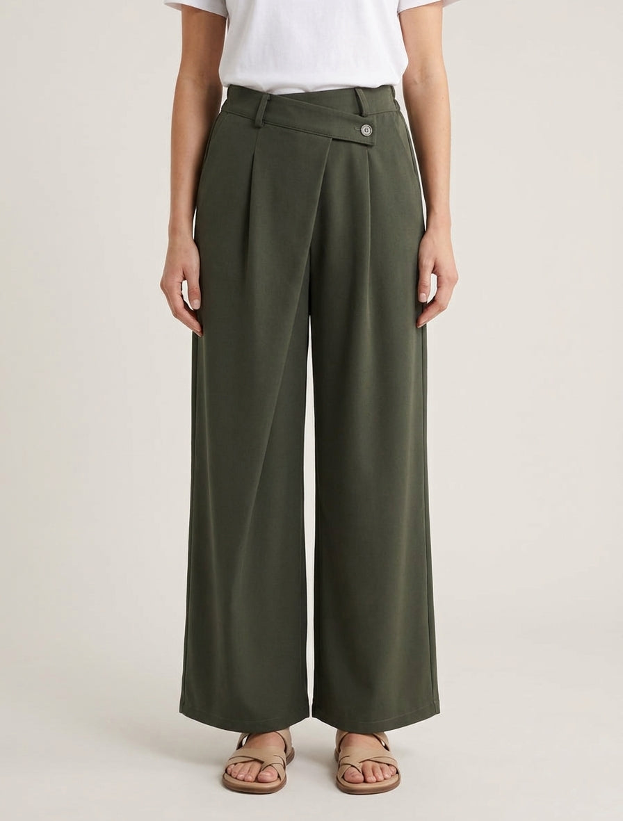 Pantalon uni droit à fermeture sur le côté - Kaki