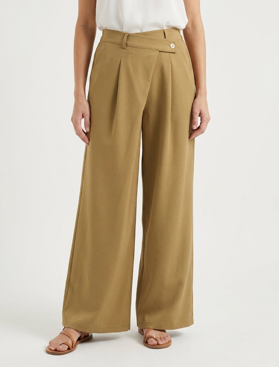 Pantalon uni droit à fermeture sur le côté - Camel