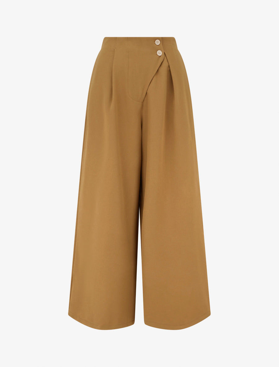 Pantalon uni à taille élastiquée - Camel - 1