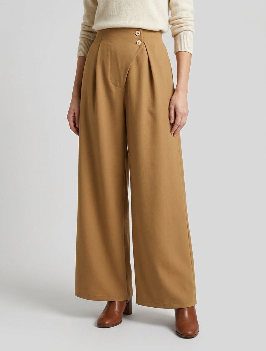 Pantalon uni à taille élastiquée - Camel