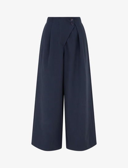 Pantalon uni à taille élastiquée - Marine - 1