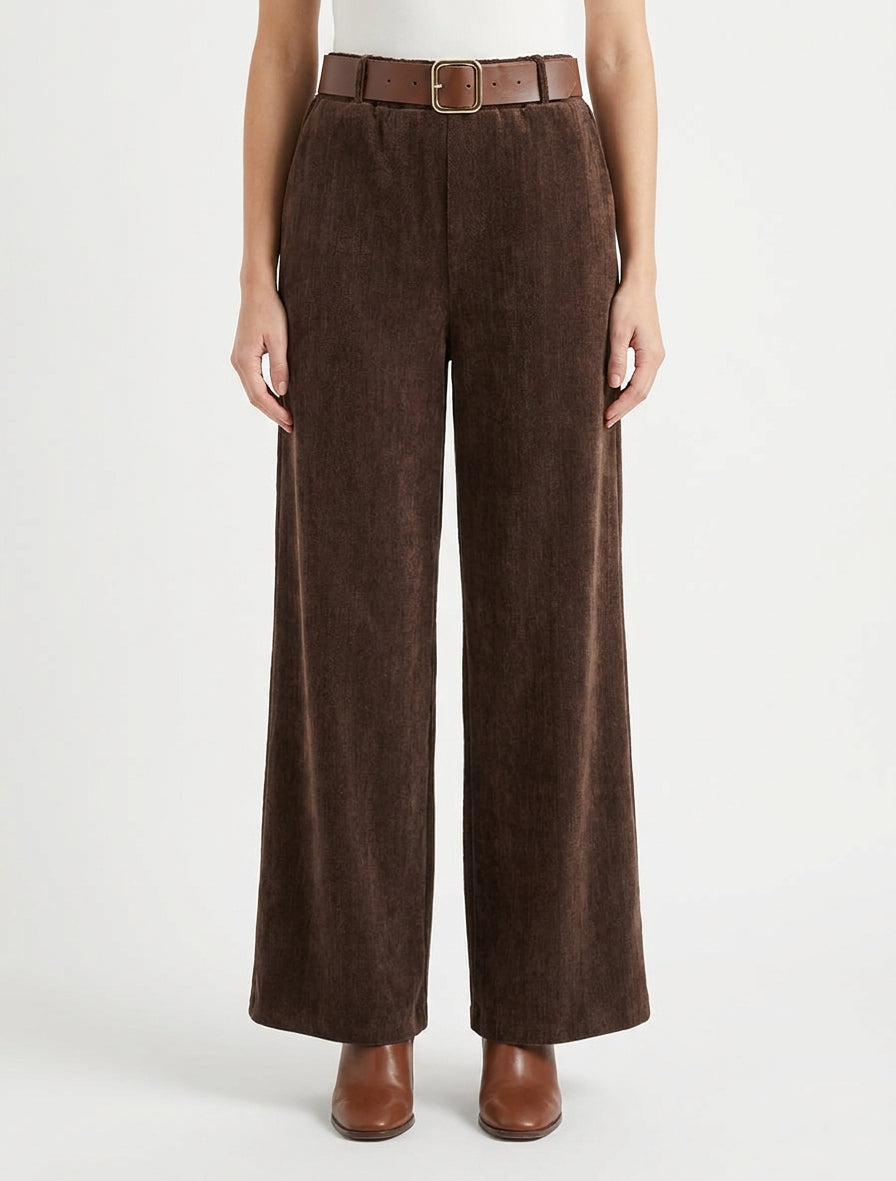 Pantalon effet velours à taille élastiquée - Marron